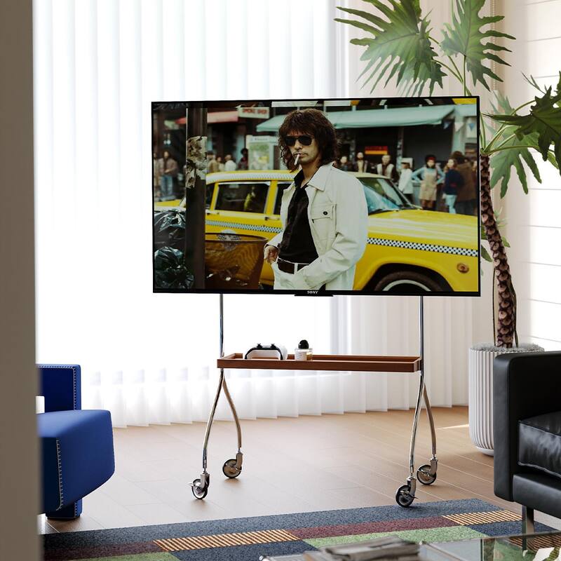 Walk around the TV stand with an antique,black movable stand for a floor-standing display TV cabinet and projection TV stand