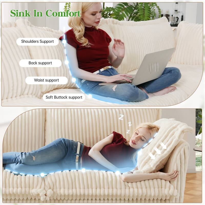 Slipcovered Corduroy 2-Seater Sofa Couch with Convertible Ottoman & Soft Big Pillows