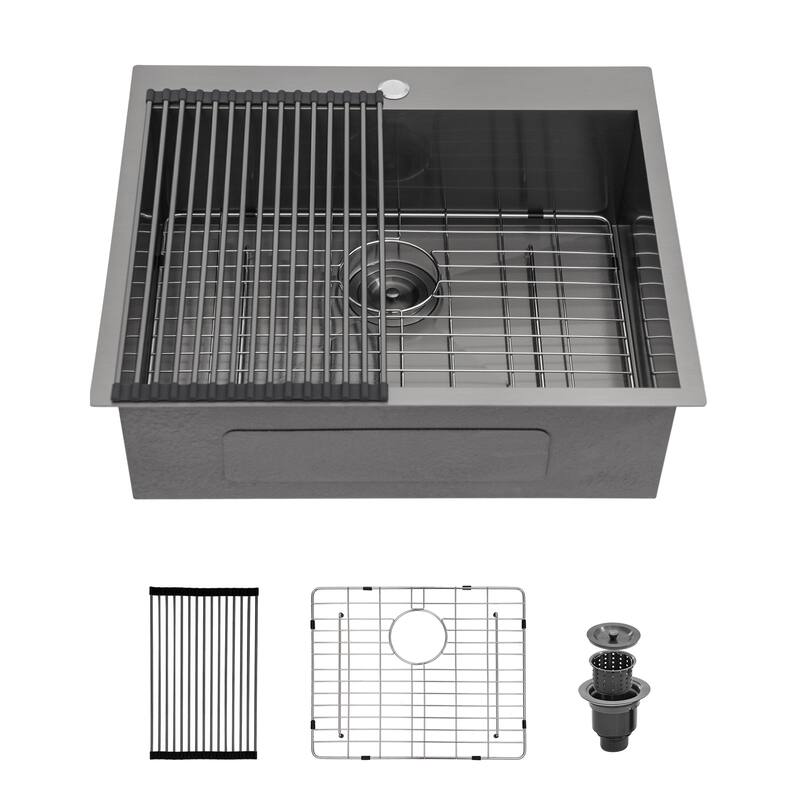Drop-In Single Bowl 16 Gauge Stainless Steel Kitchen Sink in Gunmetal Black