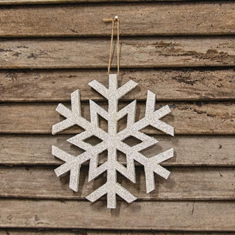 White Glitter Snowflake Ornament with Cutout Design and Jute Hanger - Height: 6 in.