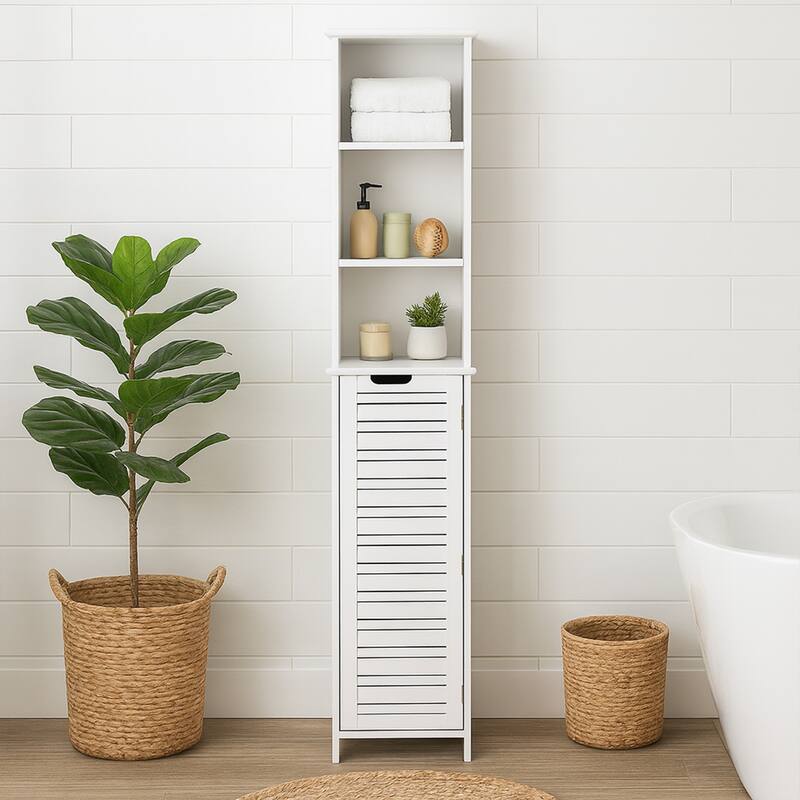 Miami White Tall Bathroom Storage Cabinet Slim Linen Cabinet - 13 7/8"L x 10.4"W x 68"H