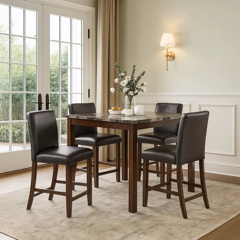 Wesley 5pc Dining Table Set, Black Faux-Leather, Faux Marble, Cherry Brown