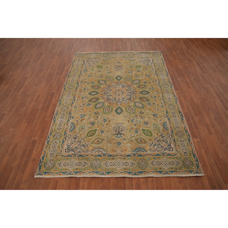 Hand Knotted Oriental 100% Wool Carpet Traditional Floral Yellow & Gold Tabriz Area Rug - 9' 7'' X 6' 5''