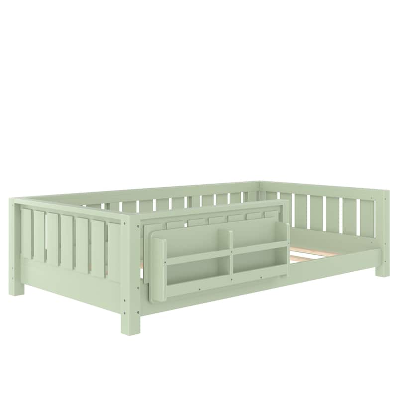 Low Profile Montessori Bed Floor Platform Bed with Fence and Bookshelf