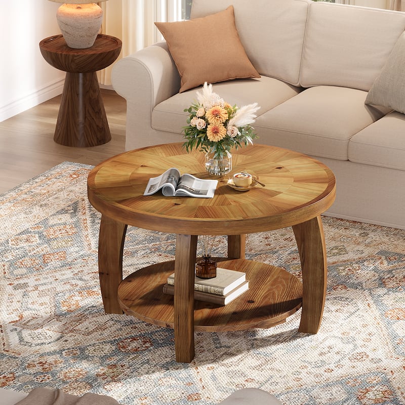 31.5 Inch Solid Wood Round Coffee Table with Storage