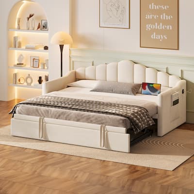 Upholstered Daybed with Adjustable Height Pop Up Trundle and USB & Type-C Charging Port, Sofa Bed Frame with 2 Side Pockets