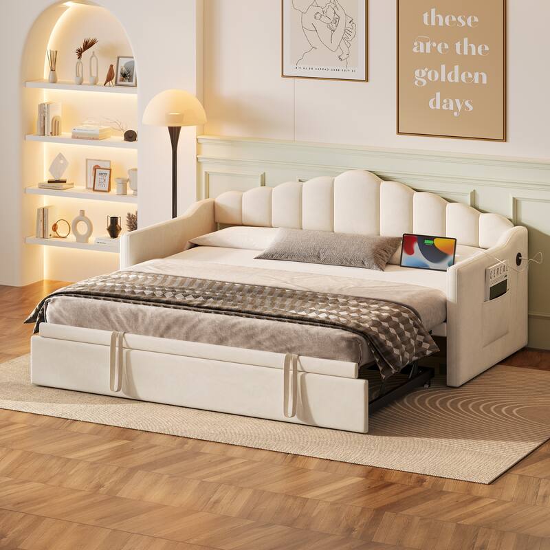 Upholstered Twin Size Daybed with Adjustable Height Pop Up Trundle Twin Bed and USB & Type-C Charging Port,with 2 Side Pockets - Beige