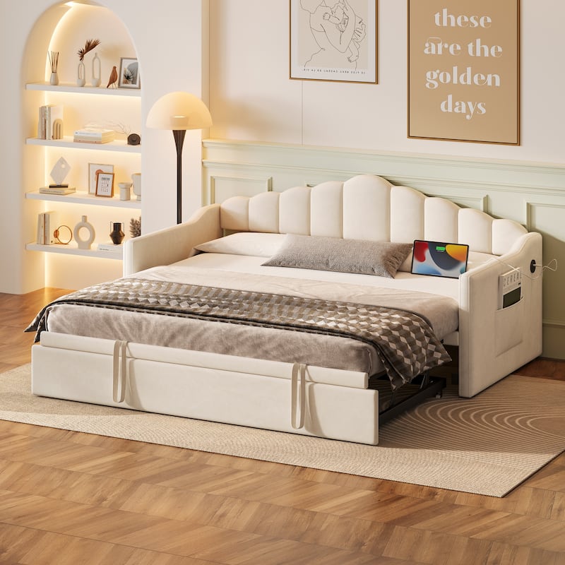 Velvet Upholstered Daybed with Adjustable Height Pop Up Trundle Twin Bed - Beige