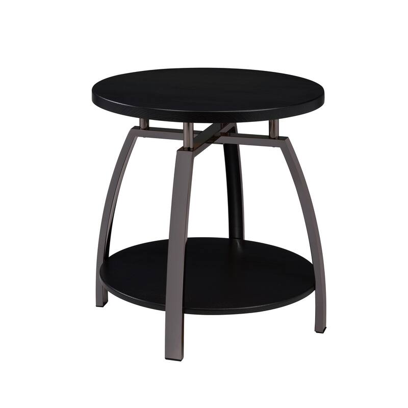 Dyn 23 Inch Round End Table, Open Shelf, Grayish Black Top, Gray Metal Legs