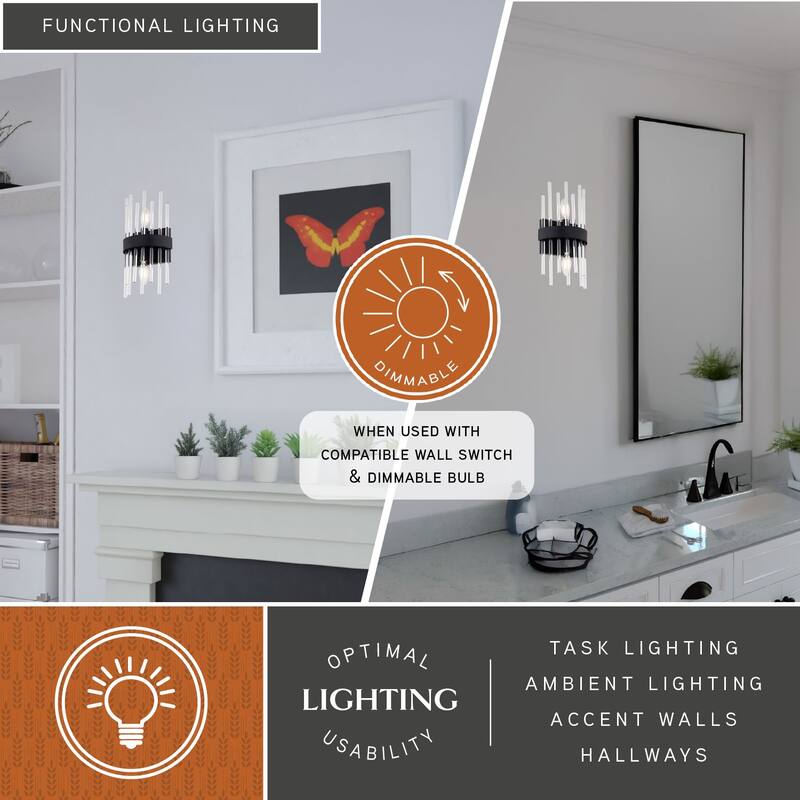 Delevan 2-Light 7.25 in. Black Contemporary Wall Sconce, Clear Glass Shade, Dimmable, LED Compatible, Bathroom Fixture