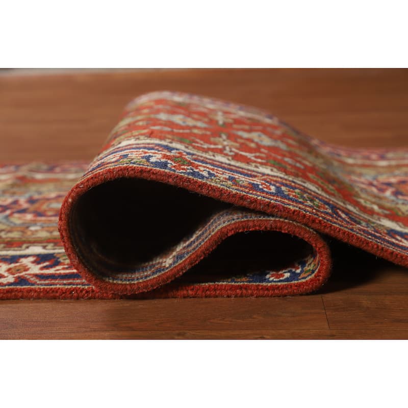 Hand Knotted Oriental 100% Wool Carpet Traditional Geometric Oranges & Rust Heriz (serapi) Runner Rug - 10' 0'' X 2' 6''