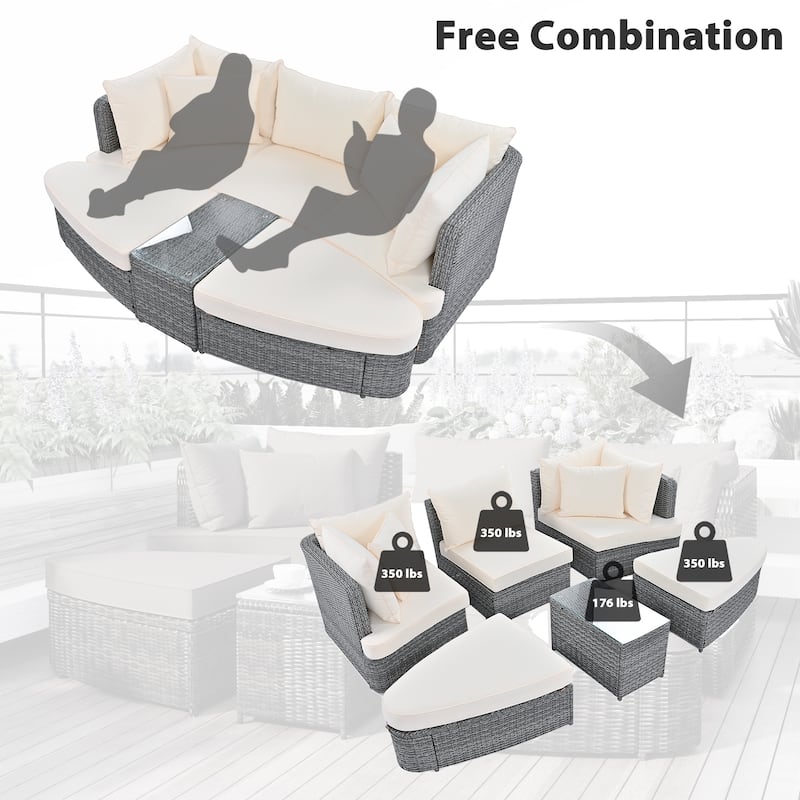 6-Piece Wicker Outdoor Sectional Conversation Set with Cushions - 2Corner Sofas&1Single Sofa&2Ottomans&1Table