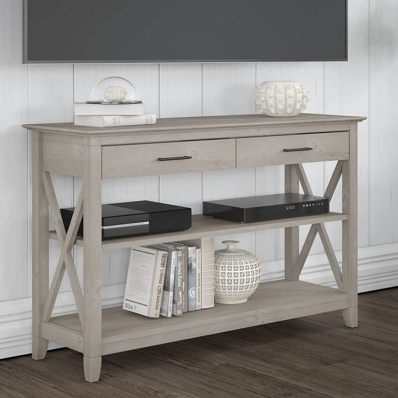 Console Table with Drawers and Shelves - Washed Gray