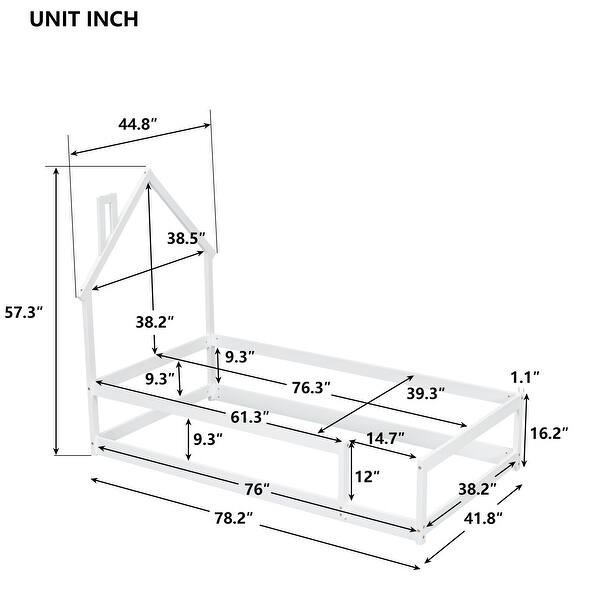 dimension image slide 0 of 6, Twin Size Pine Wood Platform Bed Frame with House-Shaped Headboard Floor Bed with Full-Length Guardrails