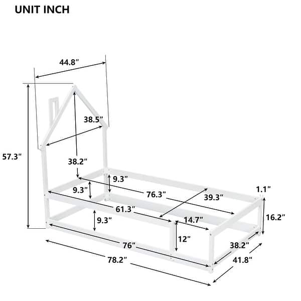 dimension image slide 0 of 3, Twin Size Wooden Floor Bed with House-Style Headboard and Guardrails for Safe and Imaginative Sleep