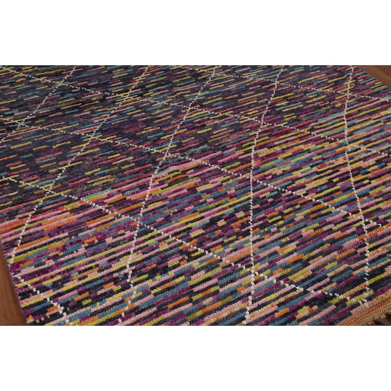Colorful Trellis Moroccan Area Rug Hand-Knotted Wool Carpet - 6'1"x 9'3"