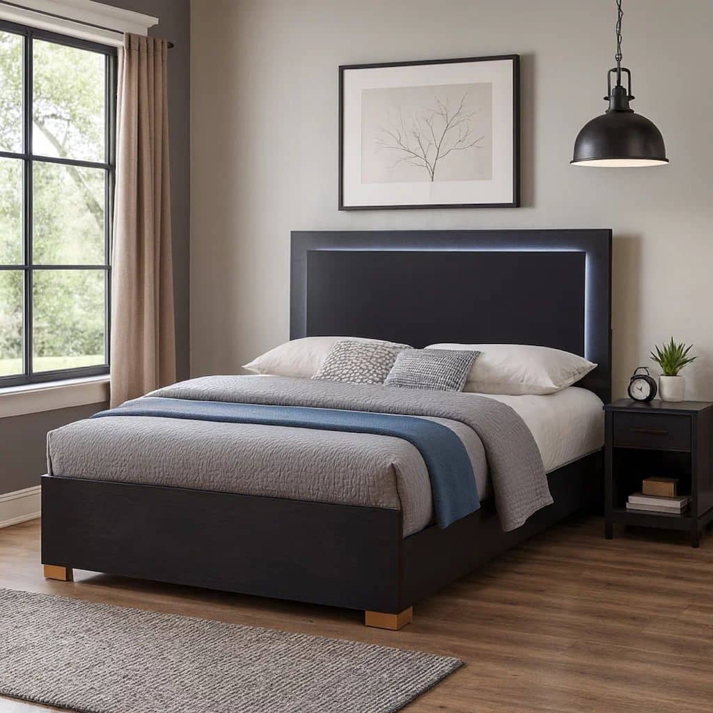 Dex Platform Queen Bed, Panel LED Headboard, Black Wood Melamine Finish