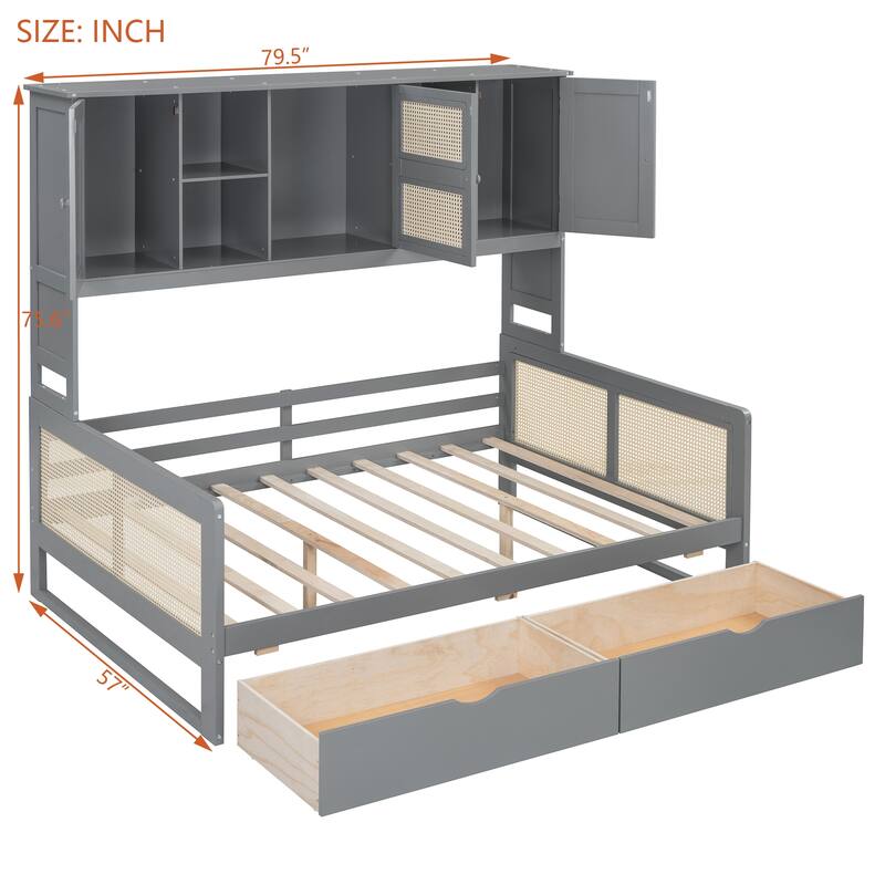 Twin Daybed with Storage Drawers, Cabinet, and Shelf, Sturdy Wood Construction