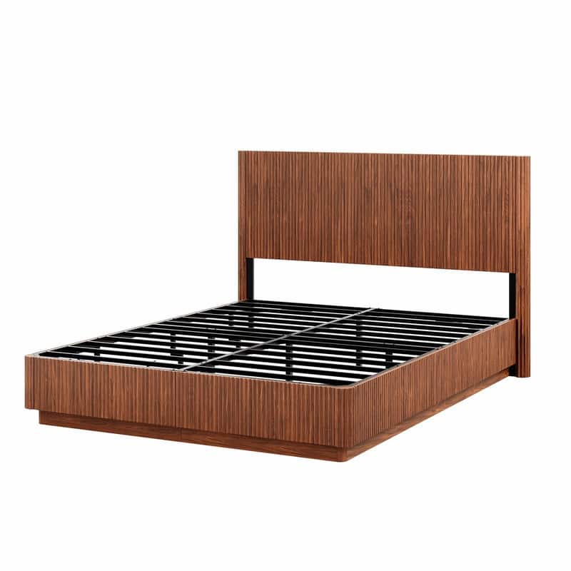Queen Size Bed Frame with LED Lights, Modern Wooden Bed with Curved Corrugated Panels and Groove Design