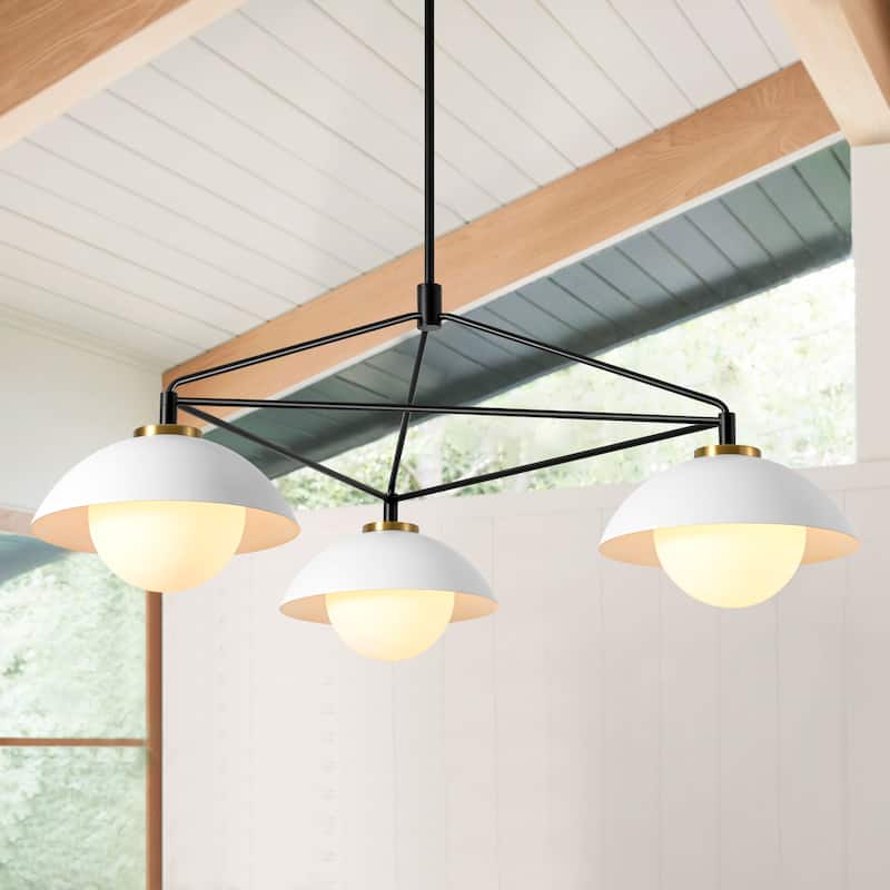 3-Light 41.9" W Mid-Century Modern Matte Black Dome Geometric Metal Chandelier with Opal Glass Globe Shades