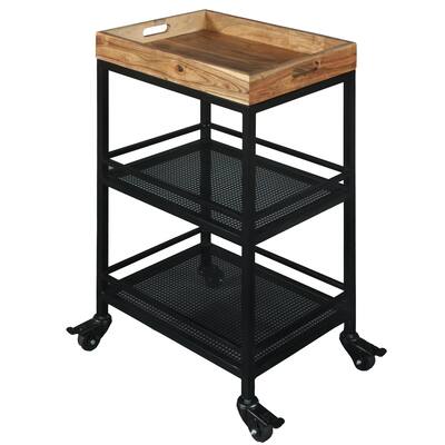 Handcrafted Industrial Bar Cart with 3 Tier Storage Shelves and Wood Tray Top