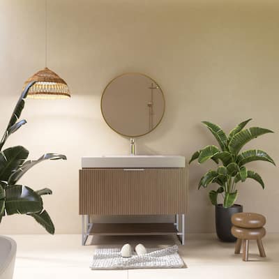 Freestanding Bathroom Vanity in Brown Oak with White Integrated Solid Surface Sink