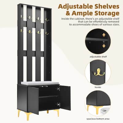 4-in-1 Hall Tree with Soft Bench Seat, Coat Rack Entryway Bench with Adjustable Shelves & Fluted Doors