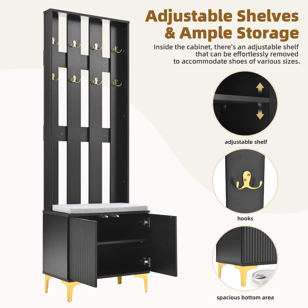 4-in-1 Hall Tree with Soft Bench Seat, Coat Rack Entryway Bench with Adjustable Shelves & Fluted Doors