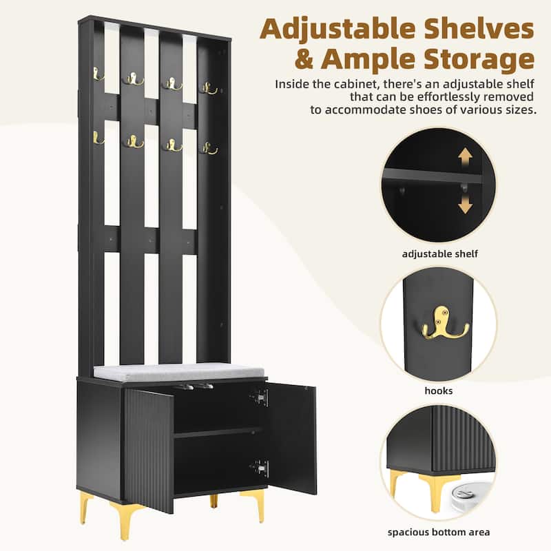 Modern 4-in-1 Hall Tree with Cushion, Fluted Doors, 8 Gold Hooks, Adjustable Shelf, Black Entryway Bench Cabinet