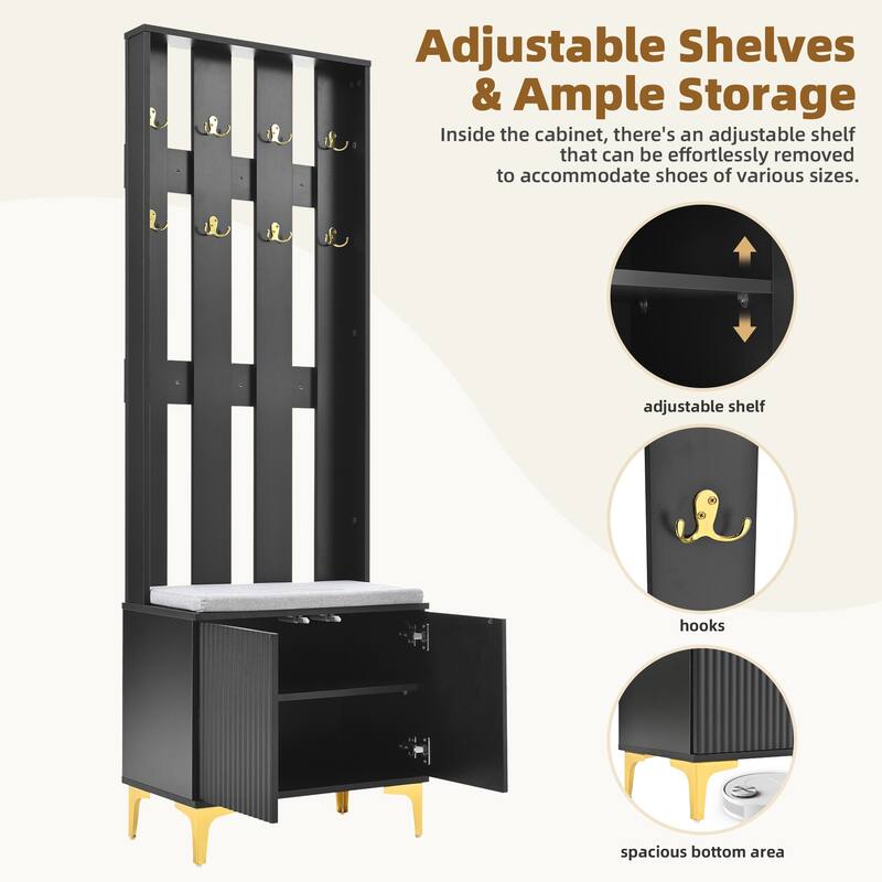 Modern Hall Tree, Wood Coat Rack with 8 Gold Hooks and Legs, Entryway Upholstered Bench with Adjustable Shelves & Doors