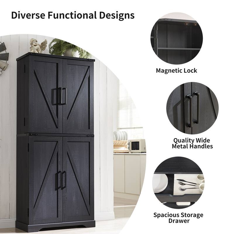 Farmhouse Wood Pantry Cabinet with Barn Doors, Adjustable Shelves