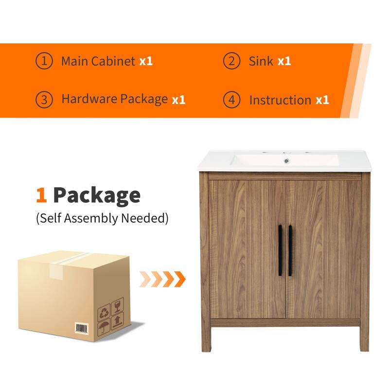 30" Wood Color Bathroom Vanity with Single Sink,Solid Wood Frame