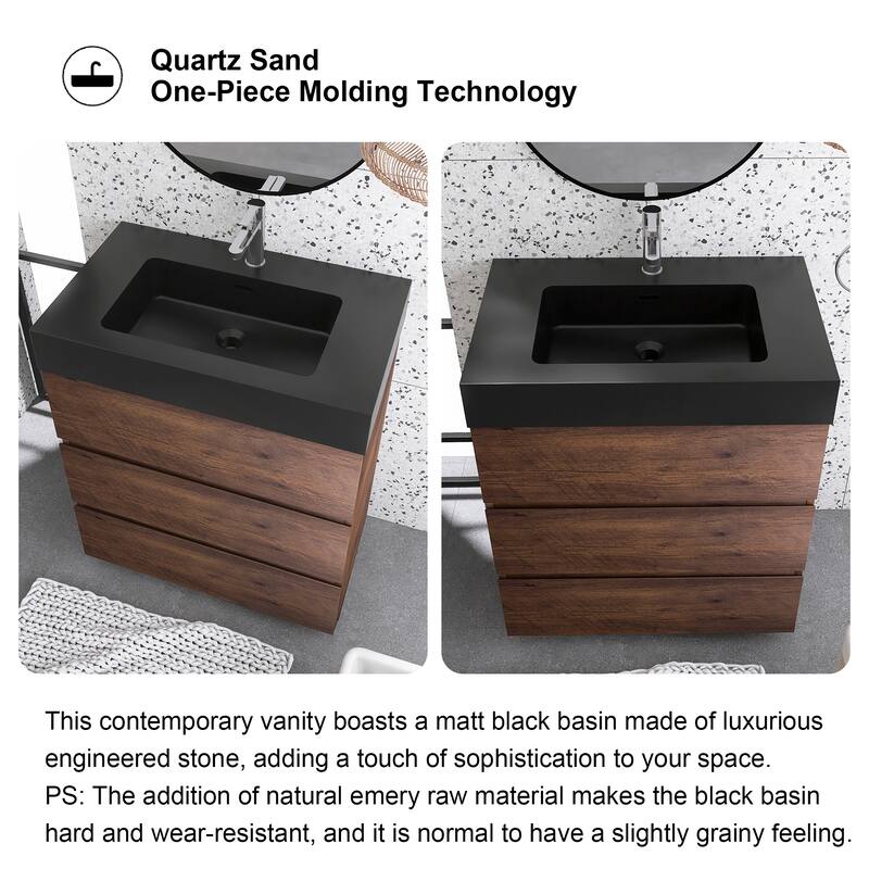 Freestanding Bathroom Vanity with Black Solid Surface Top