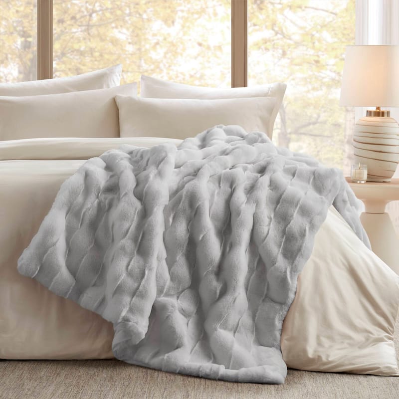 Madison Park Camille Faux Fur Throw - Light Grey