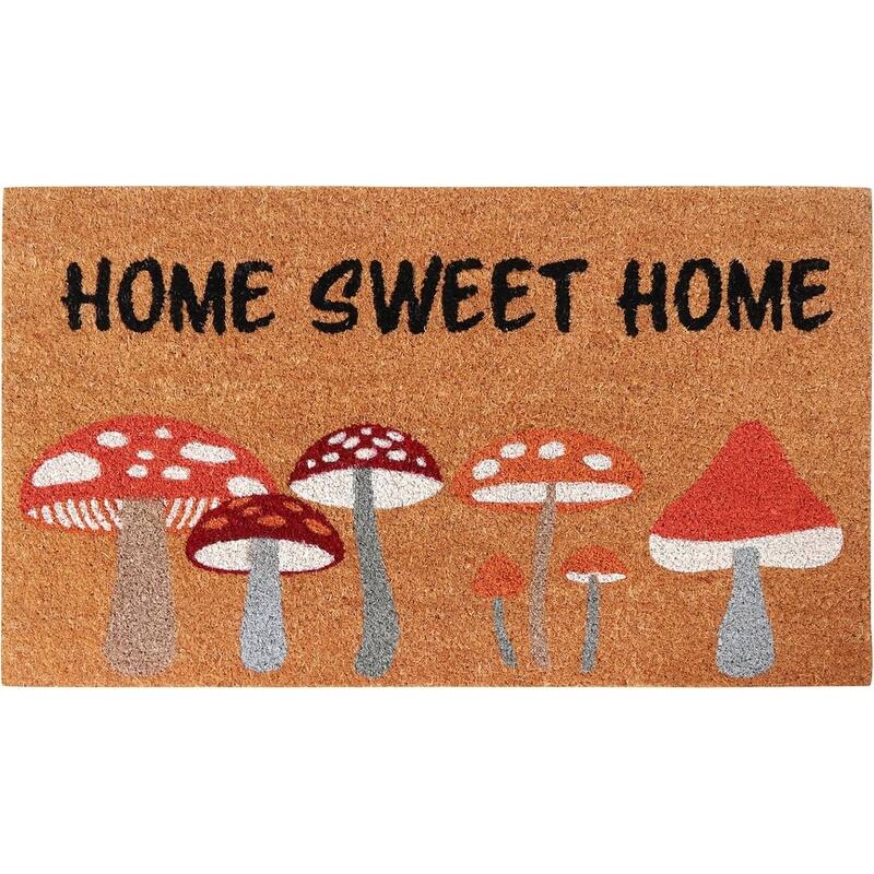 A1HC Natural Coco Coir Door Mat with Heavy Duty Non-Slip PVC Backing - 18" x 30" - Easy to Clean - Dancing Mushroom