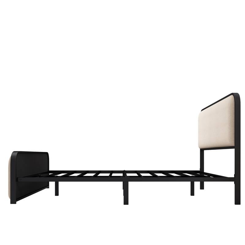 Modern Metal Platform Bed Frame with Upholstered Curved Headboard & Footboard, Heavy Duty Slats, Queen/King