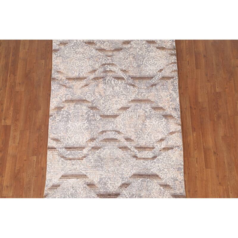 Beige Striped / Abstract Indian Area Rug Handmade Wool Carpet - 3'10"x 6'0"
