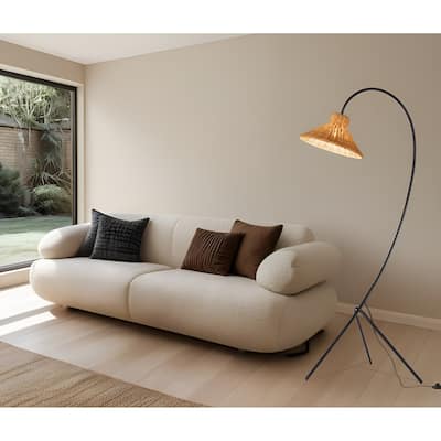 Novelty Black Metal Arc Floor Lamp with Rattan Woven Shade - N/A