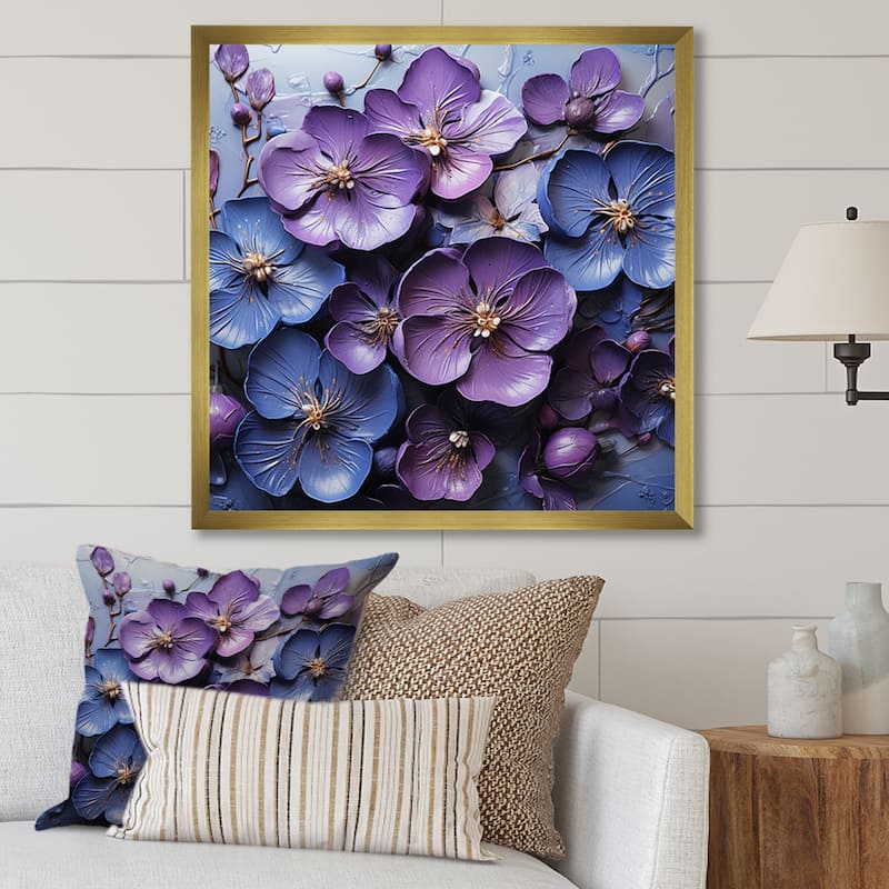 Designart "Royal Elegance " Violets Framed Canvas Prints - 24 in. wide x 24 in. high - Gold