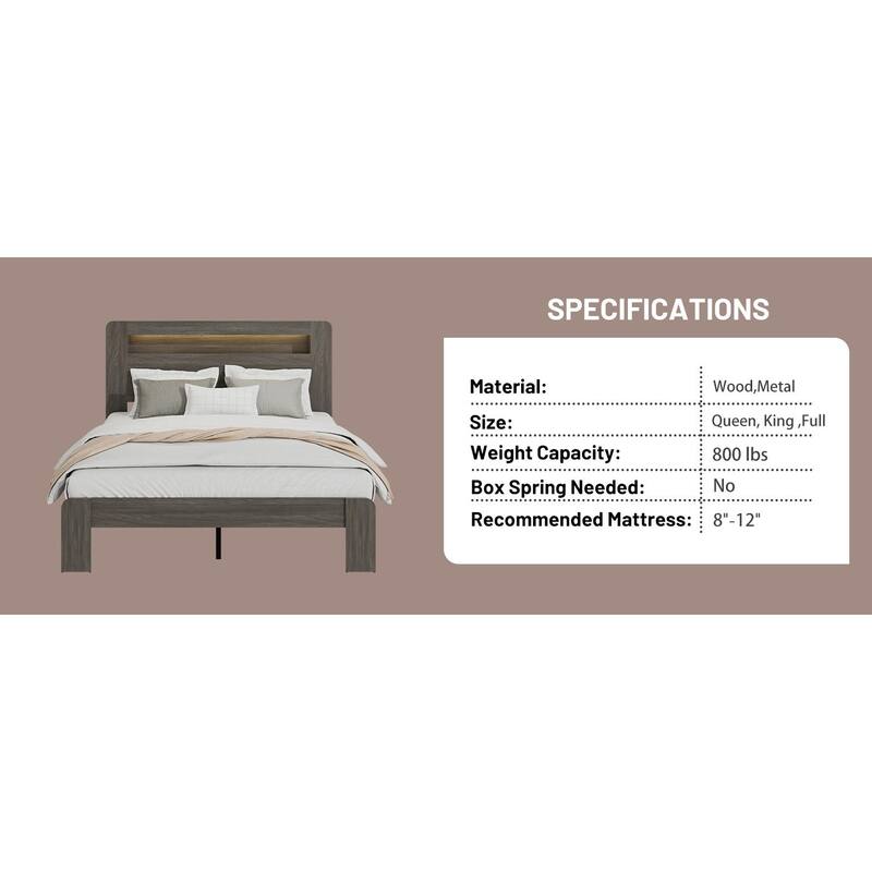 Wood Platform Bed Frame with Storage, LED Light Headboard and 2 USB Ports, Noise-Free