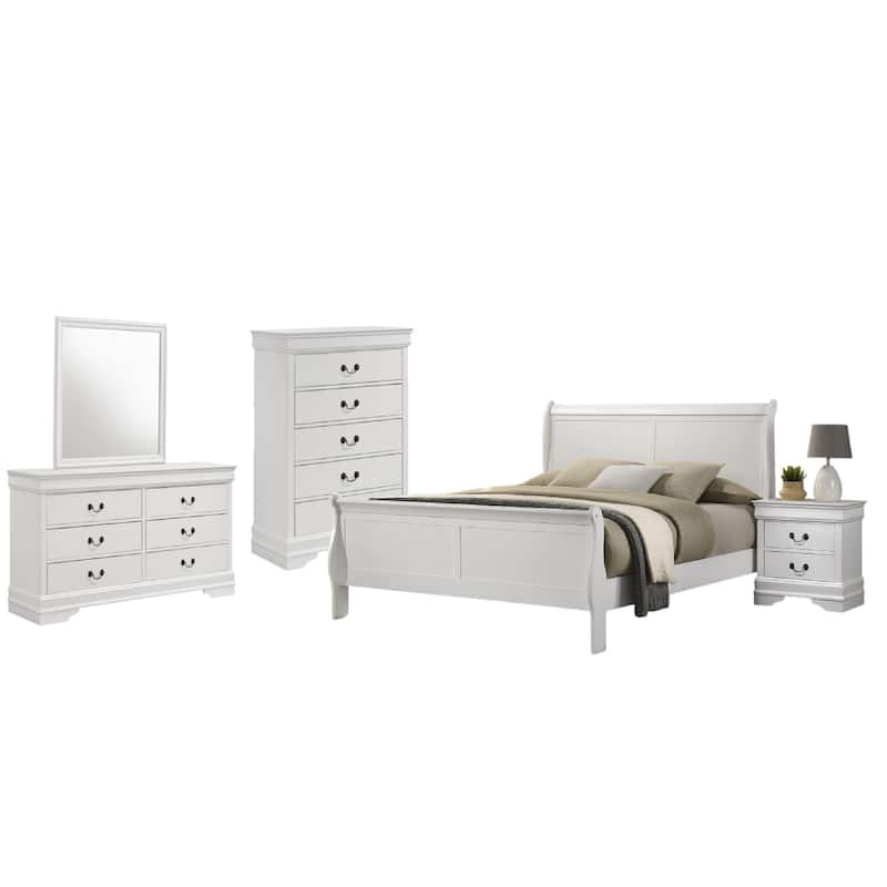 Nim 5pc Queen Bedroom Set, Sleigh Panel Design, White Okume Veneer