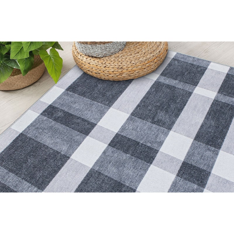 Contemporary Modern Plaid Machine Washable Area Rug