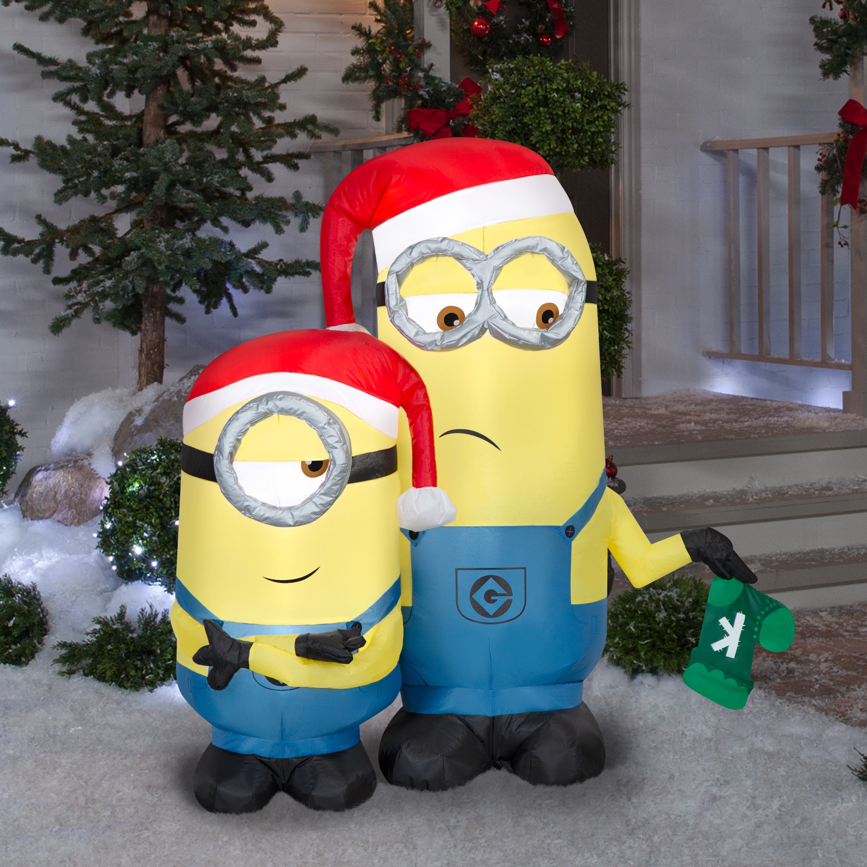 Airblown Minions Kevin and Stuart Scene Christmas Inflatable, 4 Ft, LED Yard Decor