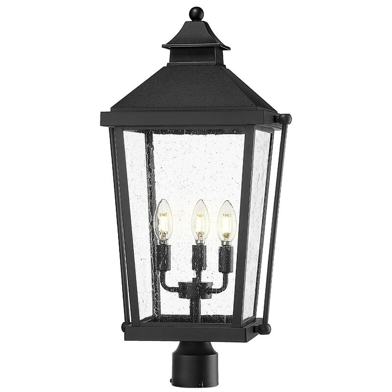 26'' 3-Light Taper Candle Post Light with Seeded Glass - Black