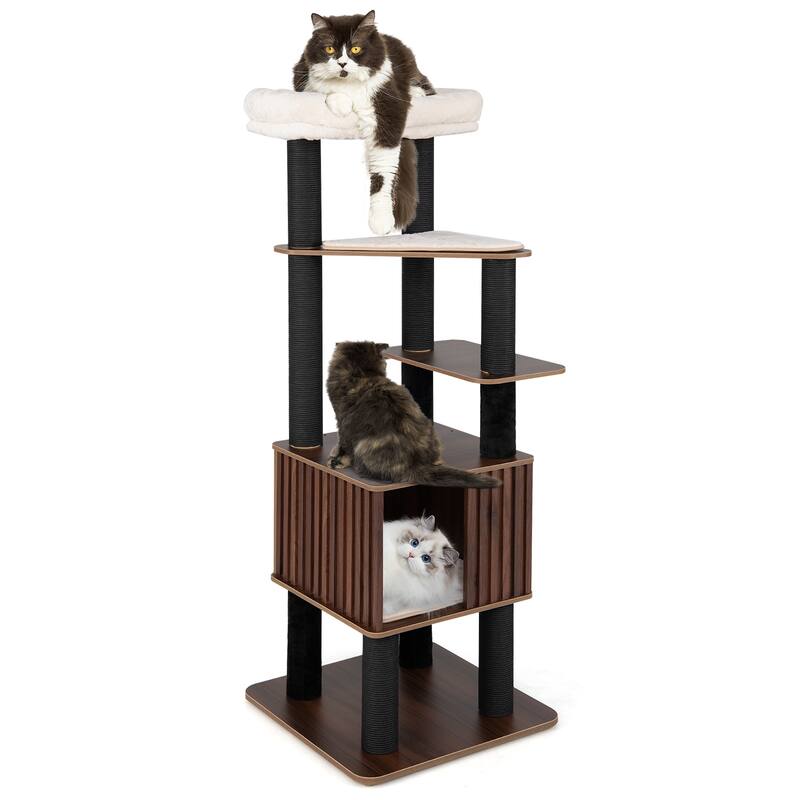 Gymax 64'' Tall Cat Tree for Indoor Cat Wooden Cat Tower Top Perch w/ - Brown