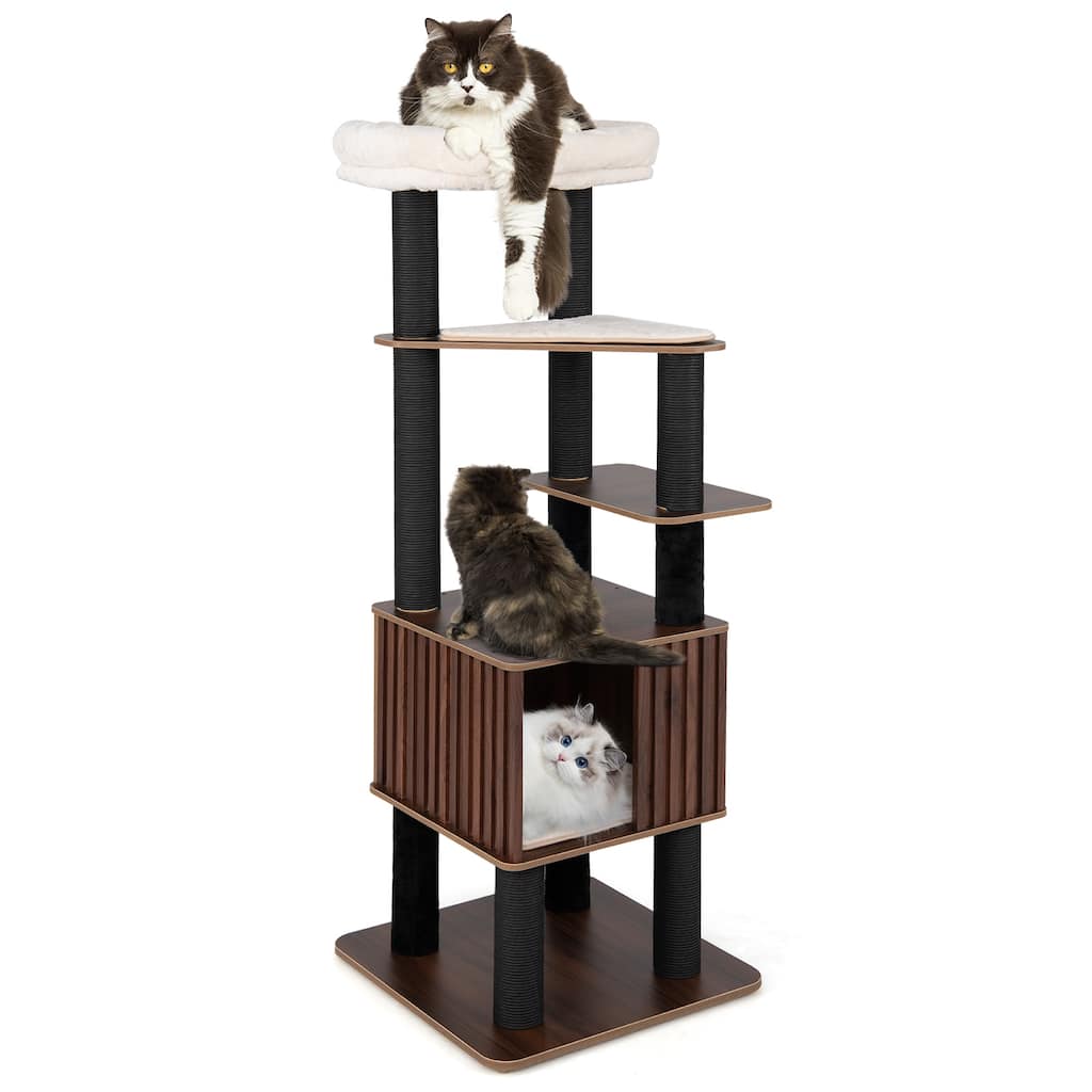 Gymax 64'' Tall Cat Tree for Indoor Cat Wooden Cat Tower Top Perch w/