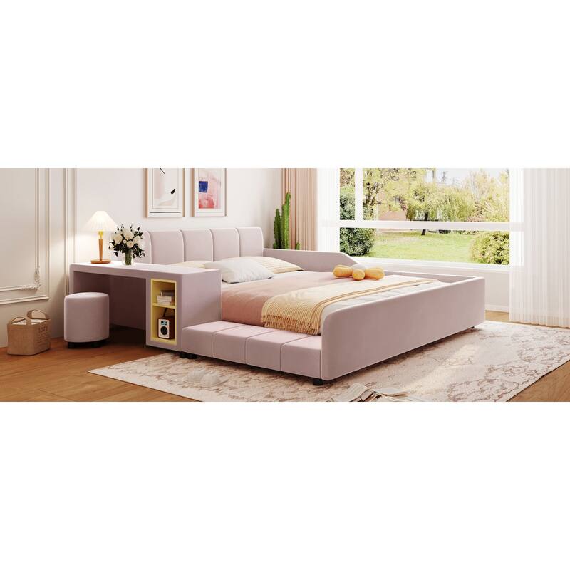 Roomfitters Full/Queen Size Upholstered Grounded Platform Bed with Bedside Desk and Round Stool, Velvet Fabric Bed Frame