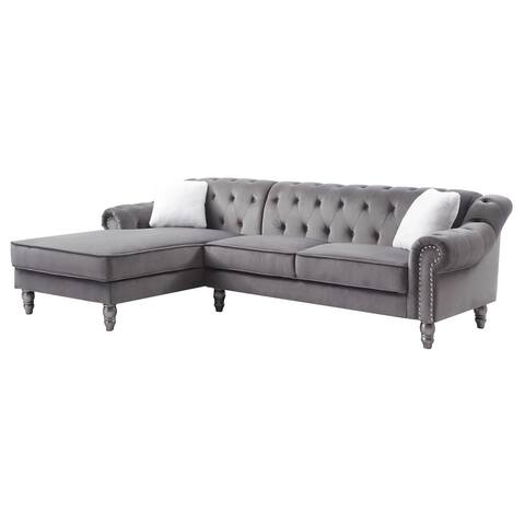 Offex Dark Gray Velvet Sectional Sofa with 2-Throw Pillow - 99"L x 63"W x 30"H