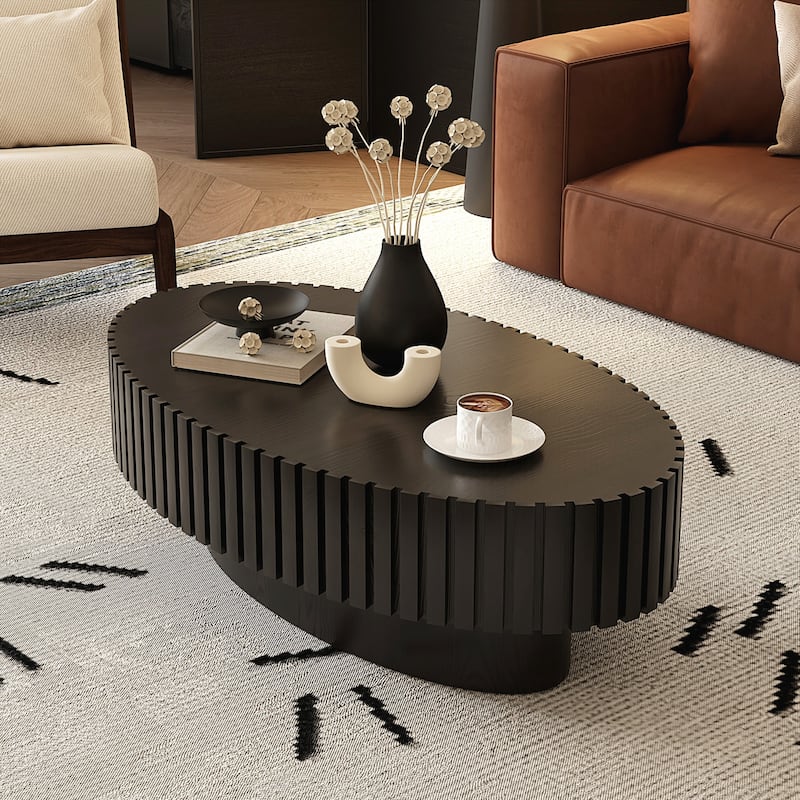 Oval Coffee Table Handcrafted Relief Sturdy Pedestal Wooden Olive-Shaped Tea Table for Living Room