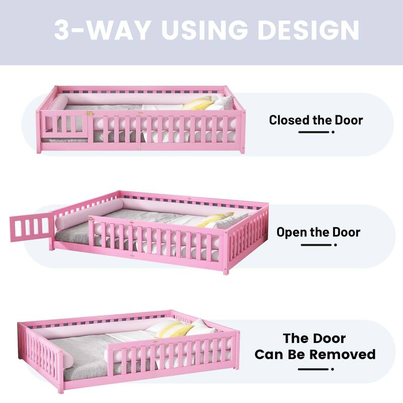 Twin/Full/Queen Size Floor Bed with Safety Guardrails for Kids, Wood Montessori Bedframe w/ Door, Children's Noiseless Beds